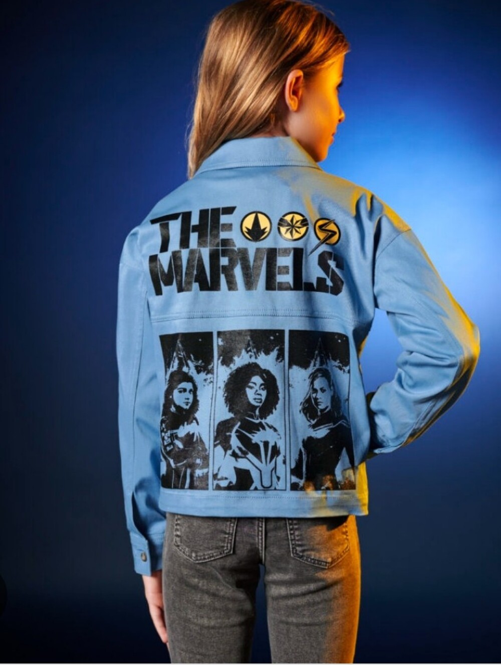 Disney x Marvel The Marvels Girls Blue Cotton Chore Jacket NWT Button Up Sz 7/8
